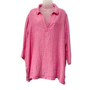 Sigrid Olsen Pink 100% Linen 3/4 Sleeve Side Button Top Size 2X